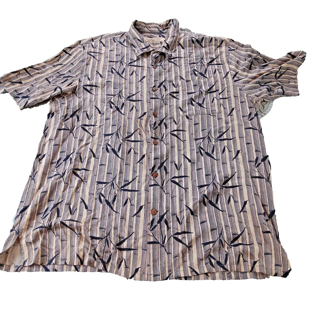 Island Republic Mens Size XXL Black Hawaiian Bamboo‎ Print Silk Tropical Shirt